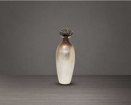 Decorative bottle in champagne & black busanga luster glass with ornamental aluminum lid. small