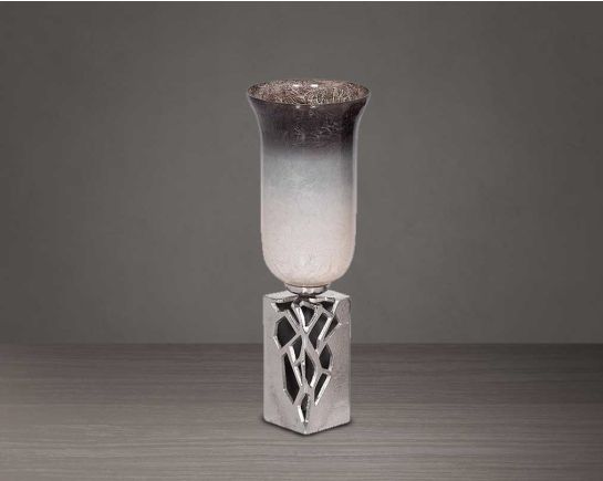 Grey & beige tinted lustre glass vase with frosted aluminium decorative base. large 