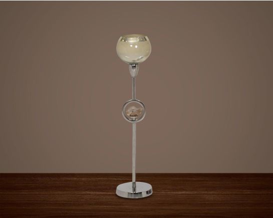 "Pillar goblet candle holder in taupe lustre glass with nickel-plated textured aluminum decorative base. "Large