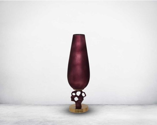 Vase in champagne & faded poppy glass and antique gold aluminum decorative base. large 