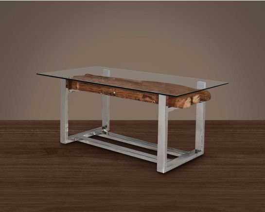 6 seater rectangle dining table with clear glass & sleeper wood logs which has been recycled from railway tracks in a rustic and natural finish with stainless steel base.