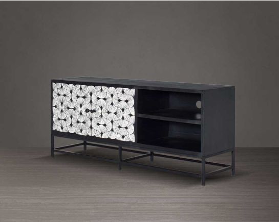 This gorgeous black and white inlay t.v. unit in floral pattern with a black matt wooden top & black metal base with storage side back