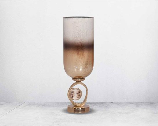 Vase in champagne & fired brown lustre glass with antique gold aluminium decorative base.