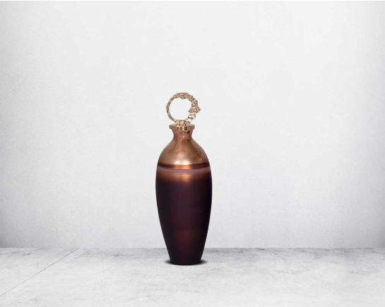 Decorative bottle in champagne & Atacama tinted lustre glass with ornamental antique gold plated aluminium lid. large 