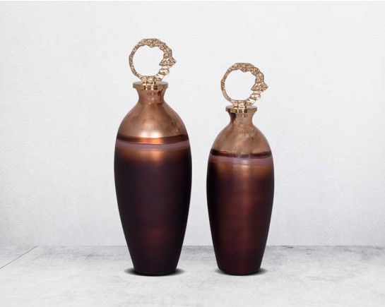 Decorative bottle in champagne & Atacama tinted lustre glass with ornamental antique gold plated aluminium lid. 1 large 2 small