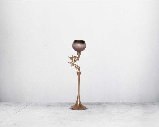 Goblet glass votive t-lite holder in champagne & earthy haven lustre glass with antique gold finish aluminium decorative base. small