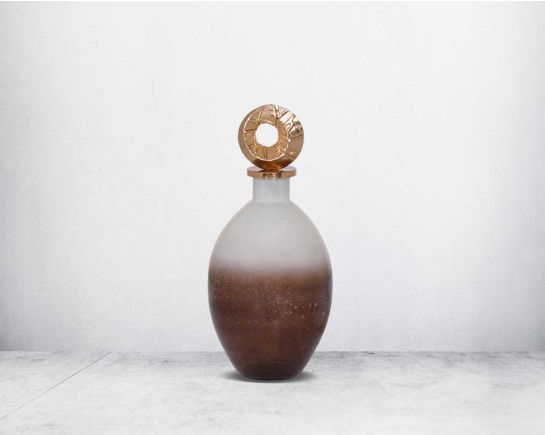 Decorative bottle in champagne & teak crust tinted lustre glass with ornamental antique gold plated aluminium lid.- large 