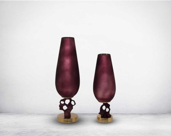 Vase in champagne & faded poppy glass and antique gold aluminum decorative base. 1bottle large 2 bottle small