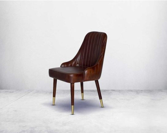 This rich contemporary dining chair in genuine leather makes for a luxurious dining experience. It comes with a quilted cushioned back in acacia wood with metal splayed legs.