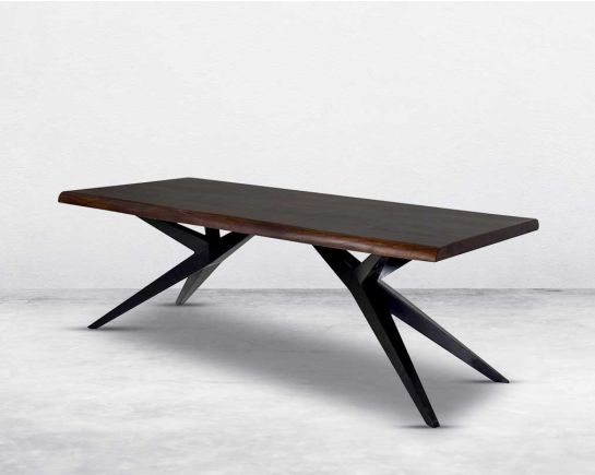 this large 8 seater rectangle dining table in solid acacia wood top in dark walnut. This table constitutes a black coated sturdy metal base. The quirky base underneath is a highlight of this dining table.