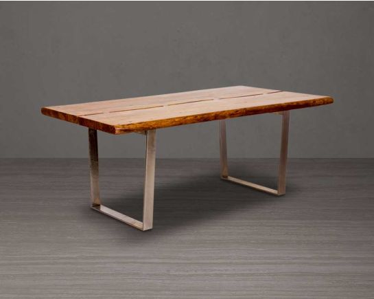 Large 6 seater rectangle dining table in solid acacia wood in light walnut with side view  nickel coated stainless steel base in glossy finish.