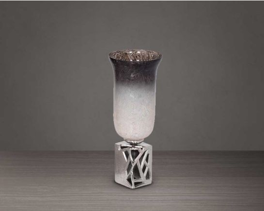 Grey & beige tinted lustre glass vase with frosted aluminium decorative base. small
