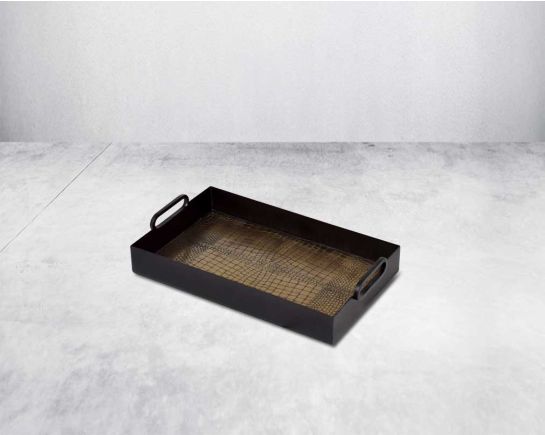 Rectangular tray in croc etched design in matt antique brass finished base with matt black frame and handles small