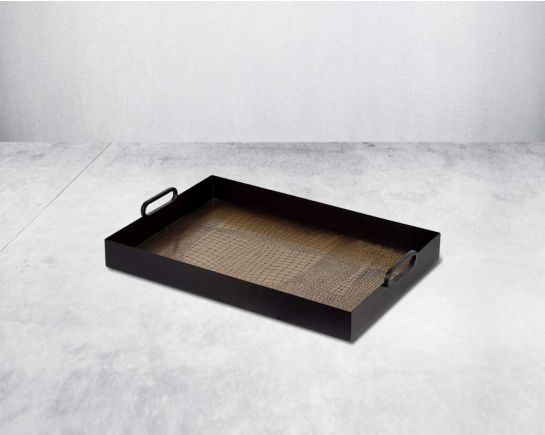 Rectangular tray in croc etched design in matt antique brass finished base with matt black frame and handles large