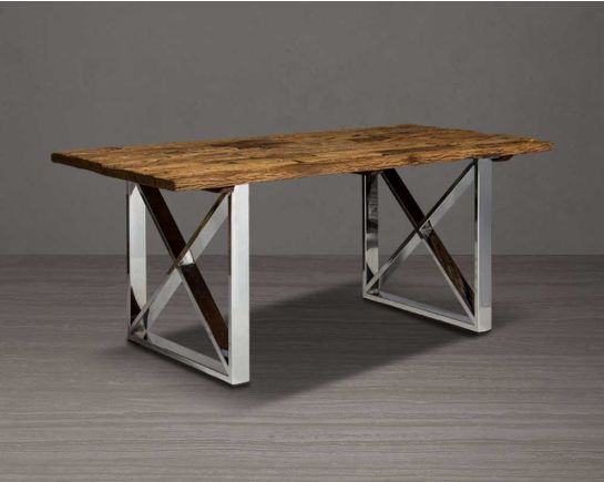 6 seater rectangle dining table with sleeper wood top which has been recycled from railway tracks in a rustic and natural finish with stainless steel base.