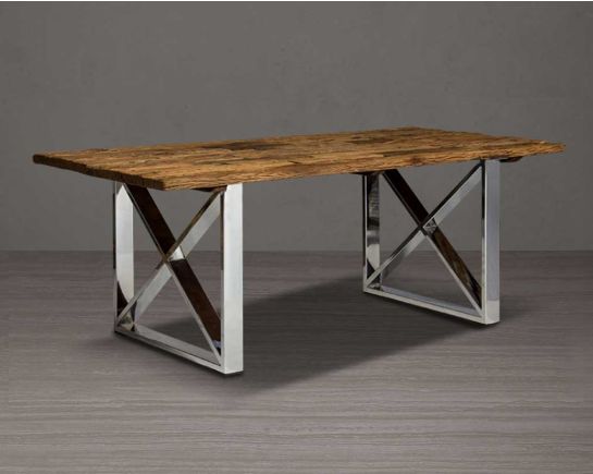 8 seater rectangle dining table with sleeper wood top which has been recycled from railway tracks in a rustic and natural finish with stainless steel base.