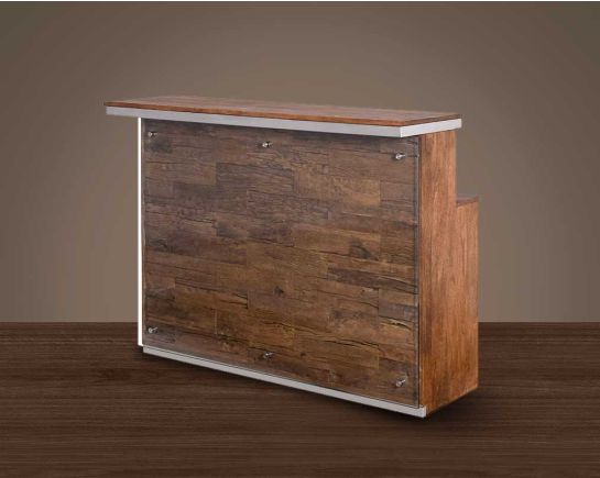 Bar counter in mango wood and stainless steel, with front in glass and sleeper wood which has been recycled from railway tracks in a rustic & natural finish with storage.