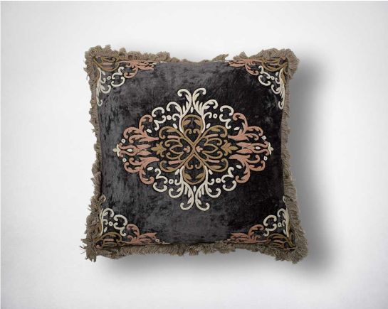 White, pink & brown with felt fringes embroidered rayon velvet & poly silk cushion.