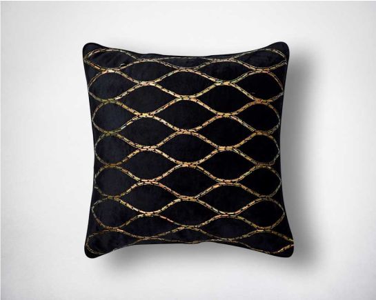 Shiny gold beaded poly silk black embroidered cushion.