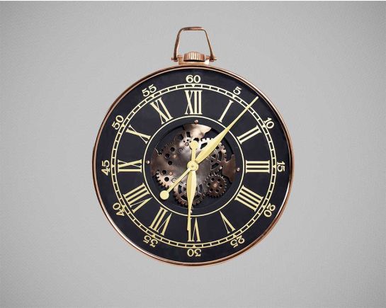 Round wall clock in black and rose gold with roman numerals.