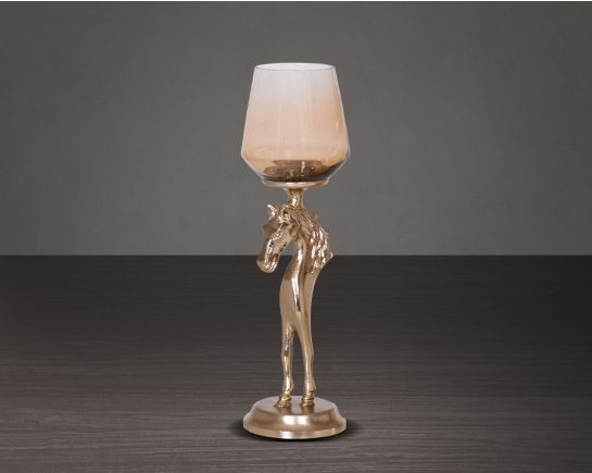 This vintage horse pillar candle holder with ombre grey lustre glass and gold-finished aluminium base - large 