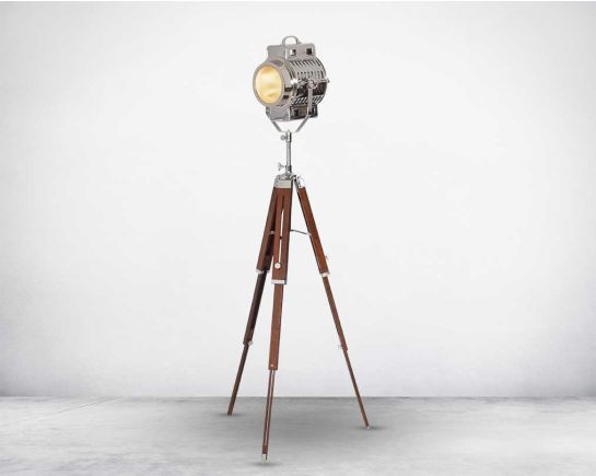 Studio tripod lamp in silver nickel and wood with height-adjustable lever.