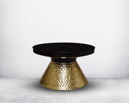 This round coffee table comes with a black matt top and gold beaded conical metal base.