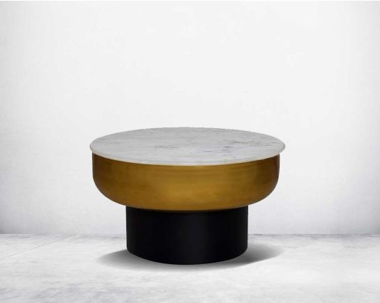 Shop this beautiful & expertly crafted drum storage coffee table, which comes with a white marble top & gold finish with a black base.
