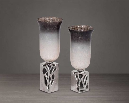 Grey & beige tinted lustre glass vase with frosted aluminium decorative base.