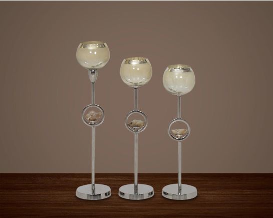 "Pillar goblet candle holder in taupe lustre glass with nickel-plated textured aluminum decorative base. " 1large 2 medium 3 small