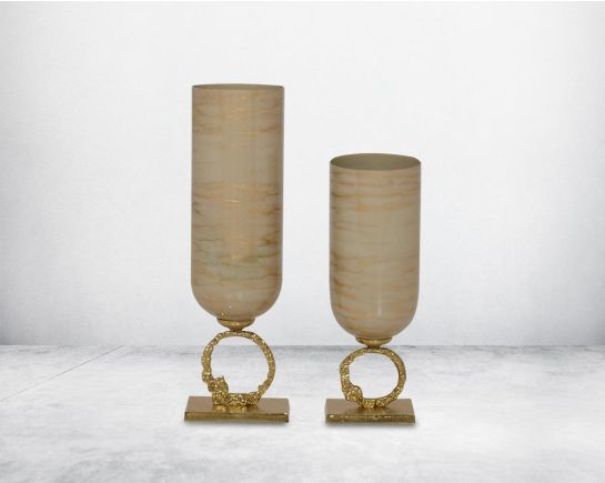 Vase in taupe & gold luster glass with antique gold aluminium decorative base. 1 bottle large 2 bottle small
