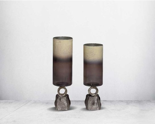 Vase in cosmic grey glass & antique nickel finish aluminium decorative base.- 1 bottle large 2 bottle small