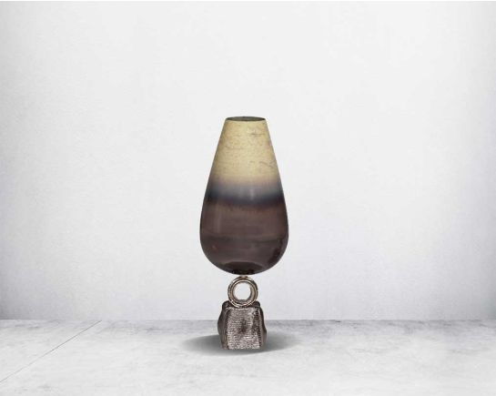Vase in cosmic grey glass & antique nickel finish aluminium decorative base. large