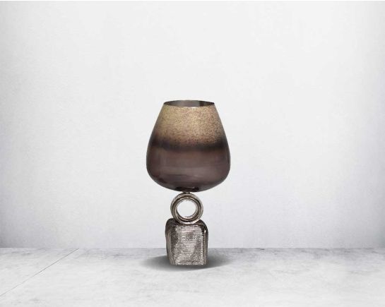 Vase in cosmic grey glass & antique nickel finish aluminium decorative base. small