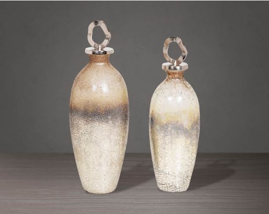 Decorative bottle in grey & white tinted luster glass with ornamental frosted aluminum lid. 