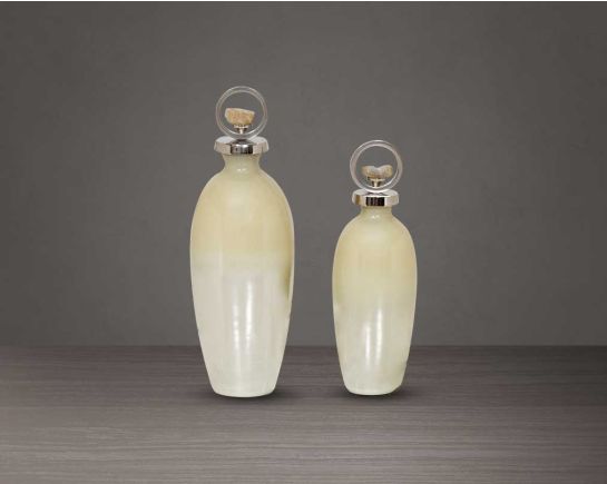 Decorative bottle in taupe tinted luster glass with ornamental frosted aluminum lid. 1bottle large 2 bottle small