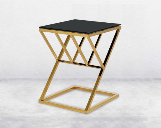 End table with black tempered glass top and high polished gold plated stainless steel base.