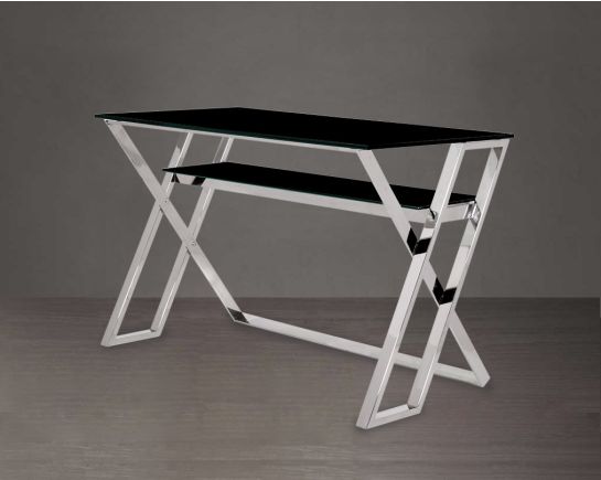 Book desk with black glass top and high polished stainless steel base.