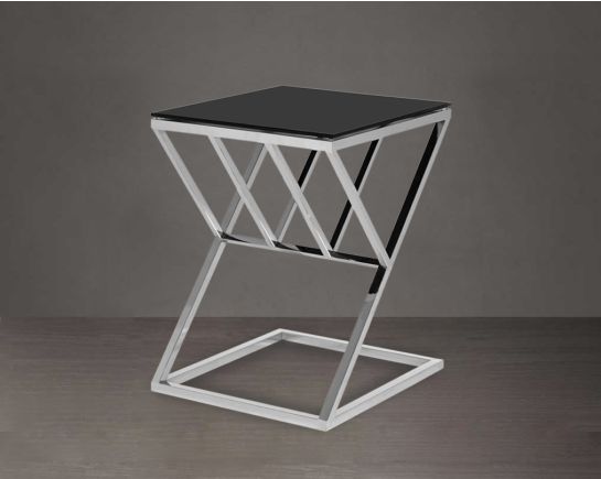 End table with black tempered glass top and high polished silver plated stainless steel base.