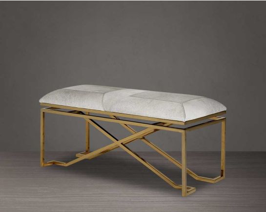 Double bench upholstered in light grey hide seat and high polished gold stainless steel legs in a contemporary, cross design.