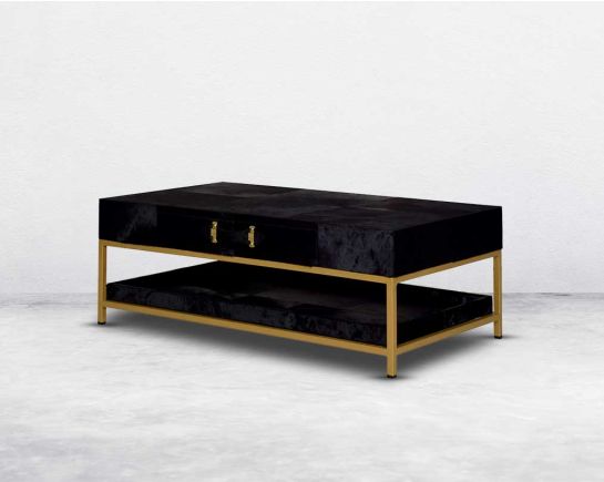 Coffee table with low height in black hair on and base in suede with side view