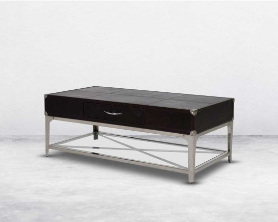 "Rectangular coffee table with vintage brown luxurious leather with one drawer & glass shelf with stainless steel frame & legs in modern design. " side view