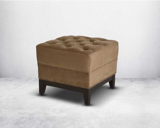 Ottoman upholstered in velvet fabric fully tufted with walnut wood legs which offers a contemporary glamorous touch highlighting your decor space.