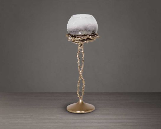 Pillar goblet candle holder in textured black & grey luster glass with gold finished aluminum decorative base. large 