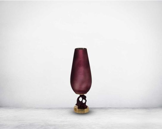 Vase in champagne & faded poppy glass and antique gold aluminum decorative base. small