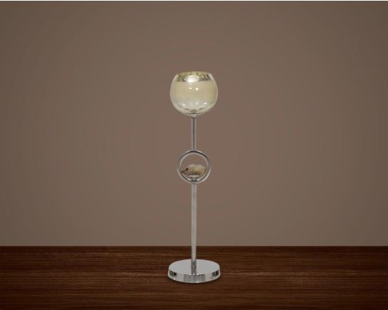 "Pillar goblet candle holder in taupe lustre glass with nickel-plated textured aluminum decorative base. " medium