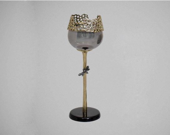 Goblet glass votive t-lite holder in textured black & grey luster glass with antique nickel finish aluminum decorative base.