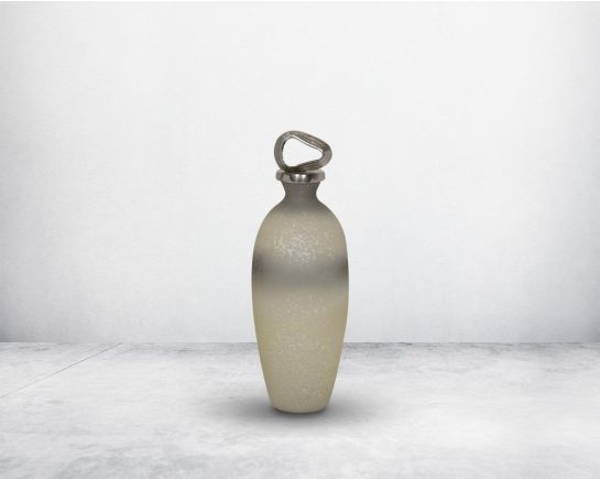 ecorative bottle in grey & white tinted luster glass with ornamental nickel plated aluminum lid.  bottle small
