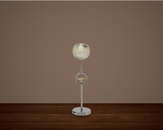 "Pillar goblet candle holder in taupe lustre glass with nickel-plated textured aluminum decorative base. " small