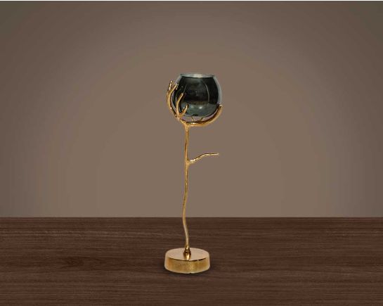 Goblet glass votive t-lite holder in textured moss luster glass with gold finished aluminum decorative base. small